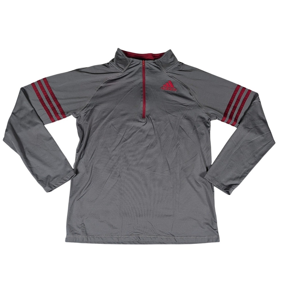 Adidas Boys Grey Maroon 3-Stripe Quarter Zip Pullover Long Sleeve Shirt L 14/16